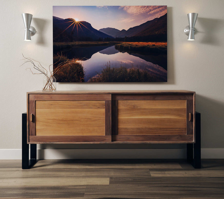 Custom sideboard, credenza, buffet for dining room or media storage. Handmade by artisans in Colorado. Shipped Nationwide. Solid Hardwood with Custom options in size and finish. 